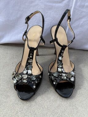 Prada Black Patent Jeweled T‑Strap Slingback Heels